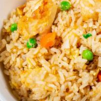 Chicken Fried Rice (Large) · Chicken, onion, pea, carrot, lettuce and egg.