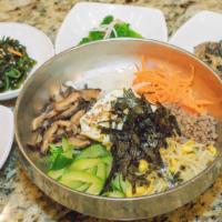 Bibimbap · Vegetables, egg over rice in a bowl with spicy mixing sauce.