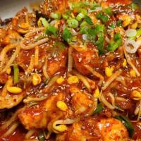 Agu Jhim · Braised spicy monkfish with soybean sprout.