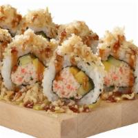 Crunch Roll · Regular.
Crab meat, avocado, cucumber, tempura flake with eel sauce.