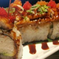 Crunchy Dragon Roll · Regular.

Eel, fish roll, tempura flake top on California roll.