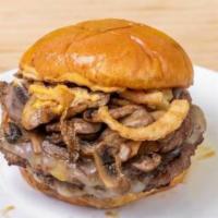 Marvelous Mushroom · Loaded with plenty of ‘shrooms, Swiss and topped with crispy fried onions.