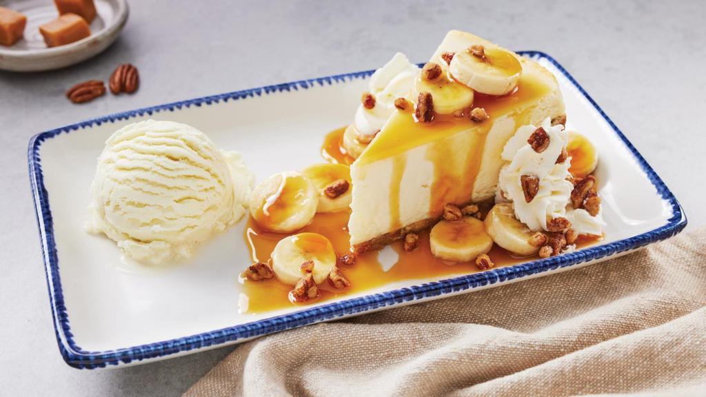New! Bananas Foster Cheesecake · Topped with warm GHIRARDELLI® Sea Salt Caramel Sauce, banana and glazed pecans. Served with vanilla ice cream.. 1380 Cal