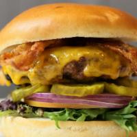 Ubetcha Classic Burger · Bacon, cheddar cheese, lettuce, tomato, onions, and pickles, and your choice of burger serve...