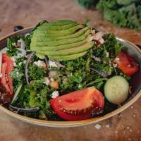 Kale Salad · Crispy kale, tomatoes, quinoa, avocado, red onions, chick peas, feta cheese, cucumber, Kalam...