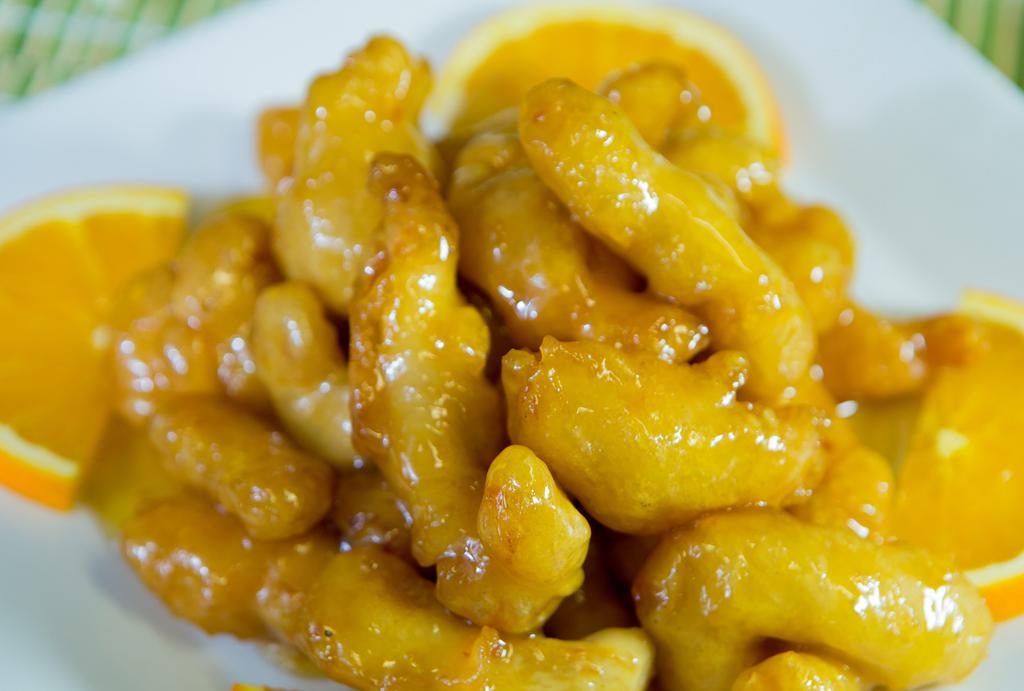 Orange Chicken · Boneless chicken battered and deep-fried; served with a house made tangy-sweet orange sauce.