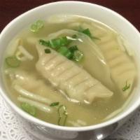 Wonton Soup · Seasoned chicken dumpling, cilantro, scallion and beansprout in clear broth.