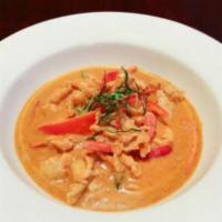 Panang Curry · Coconut milk based Thai panang curry with kaffir lime leave flavor, bell pepper and basil.