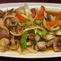 Ginger Sauce · Sautéed with fresh ginger, mushroom, onions, scallions, carrot, and bell pepper in ginger sa...