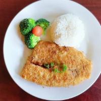 Fish Katsu  · Japanese style fried fish with panko bread crumb serve with white rice on the side.