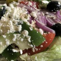 Greek Salad · Fresh romaine lettuce, red onions, tomatoes, kalamata olives, cucumbers, green peppers, pepp...