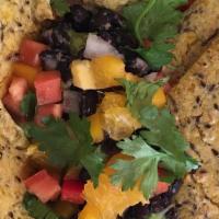 Guacamole Bowl · Avocado, black beans, red peppers, tomato, oranges, cilantro, toasted superfood arepa.