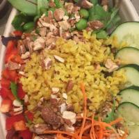 Eat The Rainbowl · Coconut brown rice, carrots, peppers, cucumbers, edamame, almonds, mixed greens, goji-cranbe...