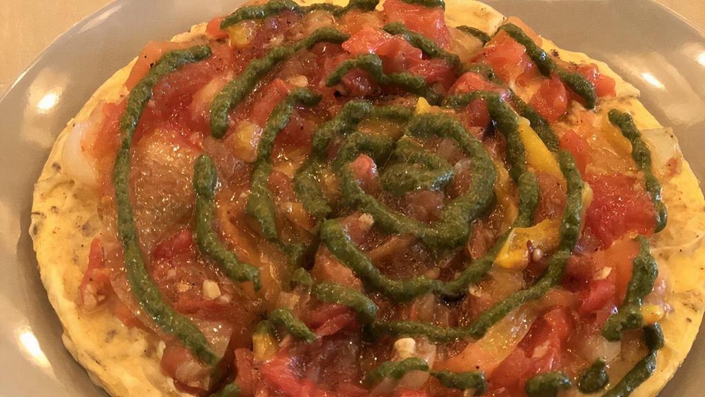 Veggie Pesto · Roasted tomatoes, onions & peppers, cashew cream cheeze, basil pesto.