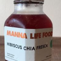 Hibiscus Chia Fresca · Hibiscus flower tea, lime, ginger, dark chia seeds, agave, h2o.