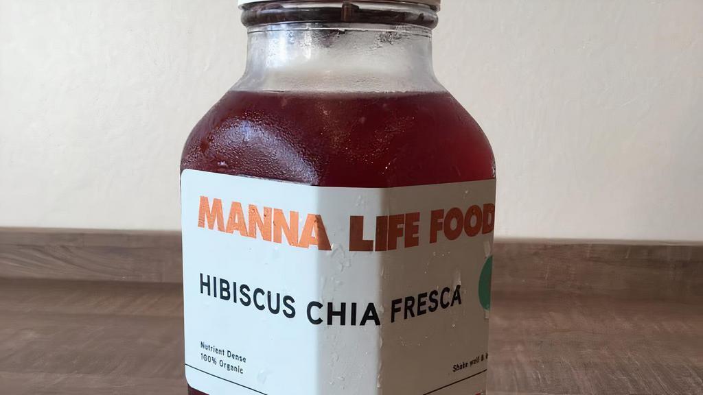 Hibiscus Chia Fresca · Hibiscus flower tea, lime, ginger, dark chia seeds, agave, h2o.