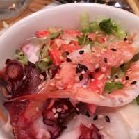 Sunomono · Raw. Assorted seafood with ponzu sauce. Consuming raw or undercooked meats and seafood may i...