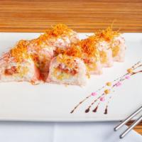 Crunchy Roll · Shrimp tempura with cucumber, mix krab meat inside, crunchy, fish ball on top with house spe...