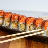 Jax Roll · Spicy. Shrimp tempura roll and spicy tuna on top.