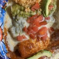 El Tri Enchiladas · Three enchiladas of your choice covered with three different types of homemade sauces (green...