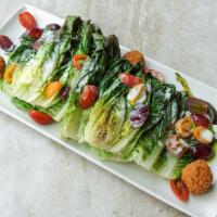 Grilled Little Gem Salad · charred avocado, pickled grape tomatoes, smoked grapes, crisp goat cheese, jalapeno-goat che...