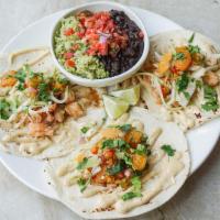 Masa Fried Shrimp · tamarind, jicama, chayote, citrus salpicon, arbol mayo. Two tacos served with poblano rice a...