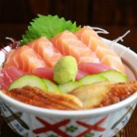 Shoya Don · The fresh tuna, salmon, and BBQ eel on sushi rice.