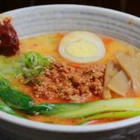 Tonkotsu Ramen “Red” Tan Tan · Spicy. In pork soup with egg minced pork, scallion, bamboo shoots, & spicy paste.