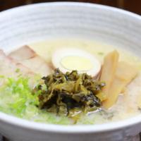 Tonkotsu Ramen “White” · In tonkotsu soup with chashu pork, scallion, egg, bamboo shoots & takana.
