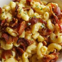 Loaded Bacon Mac · Mac & Cheese loaded with bacon, sliced green onions, creme fraiche, fried shallots and roast...