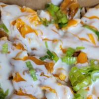 Buffalo Chicken Fries · Fries topped with buffalo chicken, ranch, buffalo sauce and sprinkled with scallions and blu...
