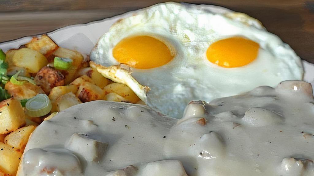 Down Home Biscuits & Gravy · Pork sausage gravy and biscuits. Served with two cage free eggs, any style and Harbor potatoes.