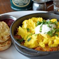 Habanero Hash & Eggs · Habanero hash prepared in house with chorizo, peppers and onions, topped with Jack & Cheddar...