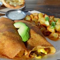 Cassie'S Crepes · Avocado, mushroom, scrambled cage free eggs and Jack & Cheddar cheeses folded into two crepe...