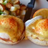 Barrington Benedict · English muffin, Canadian bacon, poached cage free eggs, hollandaise and a sprinkle of paprik...