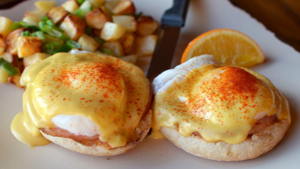 Barrington Benedict · English muffin, Canadian bacon, poached cage free eggs, hollandaise and a sprinkle of paprika. Served with Harbor potatoes.