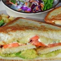 Chicken & Avocado Grill · Grilled chicken, avocado, tomato, Mozzarella cheese and herbed mayonnaise on grilled Texas t...