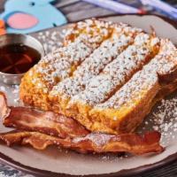Kid'S French Toast Fingers · Dusted with powdered sugar, served with a sausage link or two strips of bacon.