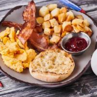 Kid'S Classic Breakfast · One scrambled egg, Harbor potatoes, half an English muffin and a sausage link or two strips ...
