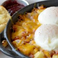 Gluten-Free Matt'S Meaty Skillet · Now meatier than ever! Harbor potatoes, bacon, ham, sausage and Jack & Cheddar cheeses, topp...