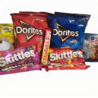 Twin Pack · 2 Nacho Doritos 
2 Cool Ranch Doritos
1 Wildberry Skittles or Tropical Skittles (whichever i...