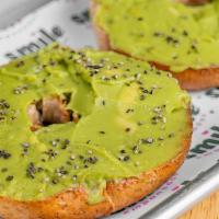 Avocado Toast · One whole wheat bagel sliced in half, toasted. With Creamy chunky avocado.