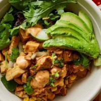 Chicken & Avocado Salad (Spring Mix) · Served with chicken, spring mix, cucumbers, corn, cilantro, sweet onion, edamame (house, pon...