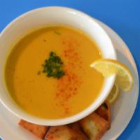 Lentil Soup · Our famous delicious soup made from red lentils, celery, carrots, and onions. Served with pi...