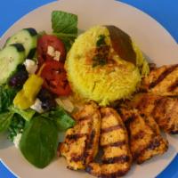 Chicken Kabab Platter · Charbroiled chicken breast tenderloin marinated in garlic, lemon juice, herbs and spices. Se...