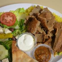 Gyro Platter · Seasoned blend on thin slices of roasted beef and lamb. Served with basmati yellow rice,  sa...