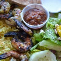 Grilled Shrimp Platter · Grilled jumbo shrimp marinated with Mediterranean spices, garlic and herbs. Served with basm...