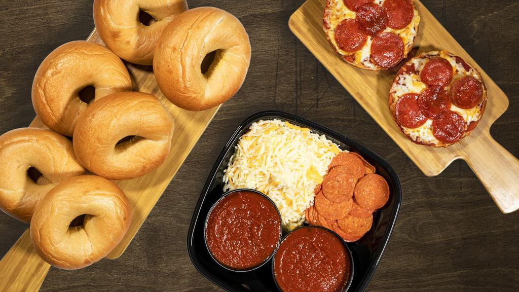 Pizza Bagel Kit · A perfect meal for families, this kit comes with bagels and ingredients to make 6 Pepperoni and 6 Cheese Pizza Bagel halves. Great for kids too!