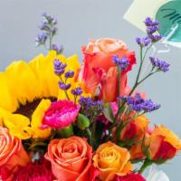 Get Well · Light orange roses, orange spray roses, hotpink matsumoto asters and mini carnations filler ...