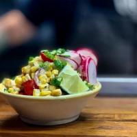 Corn Salad · GRILLED CORN, RED ONION, CILLANTRO. TOMATO, LIME